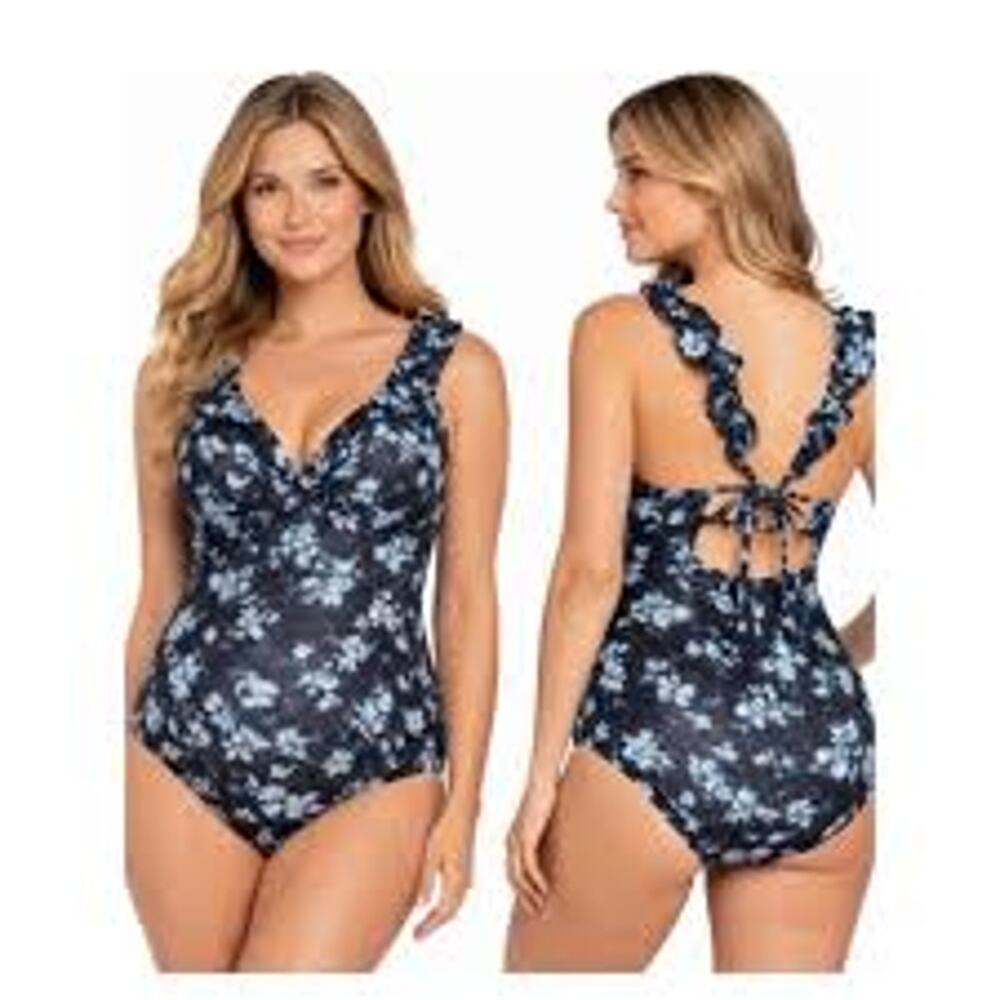 A PEA IN THE POD Blue Floral Ruffle V Neck One Piece Swimsuit Size Medium m NWT
